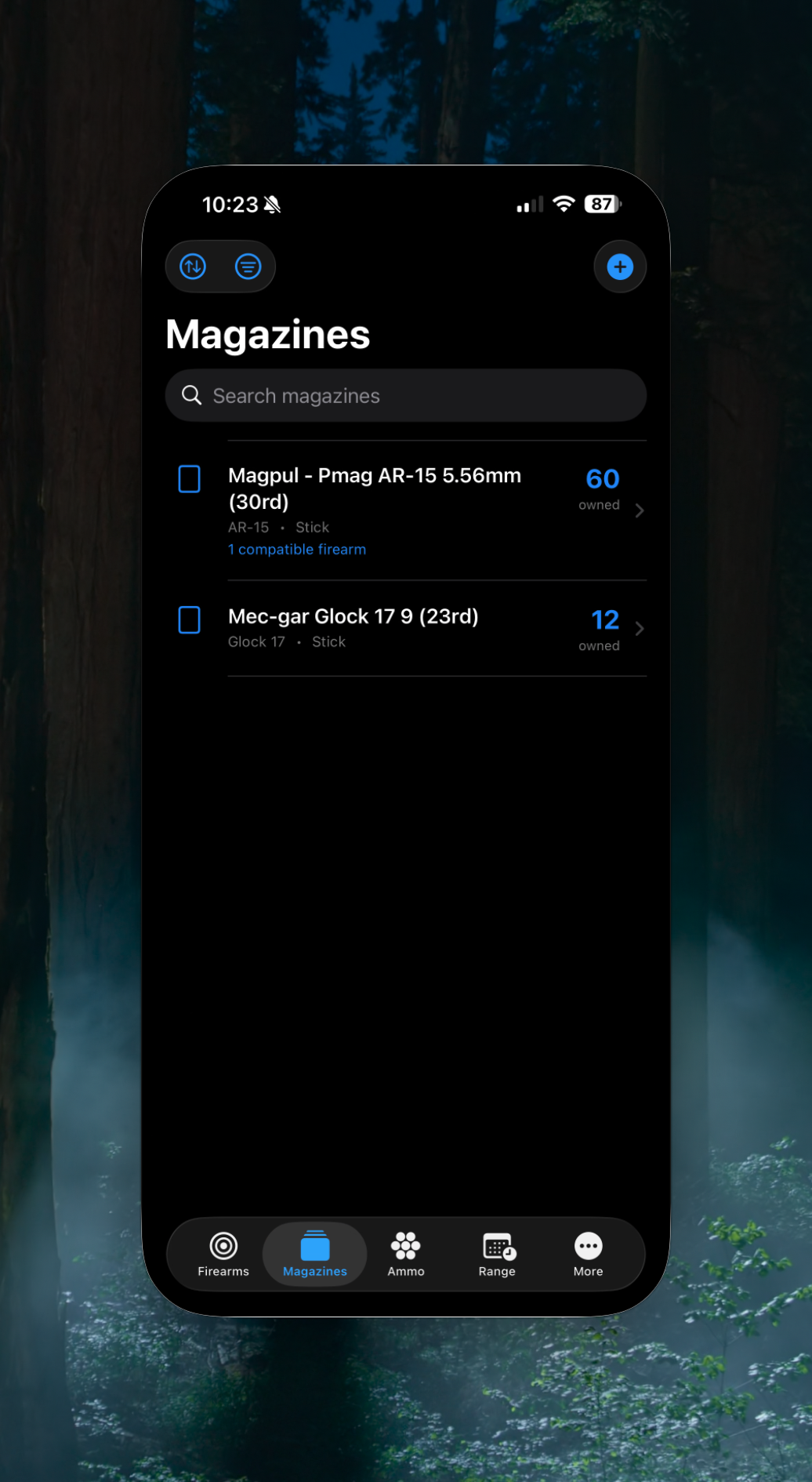 iPhone — Magazine inventory with quantities and compatible firearms